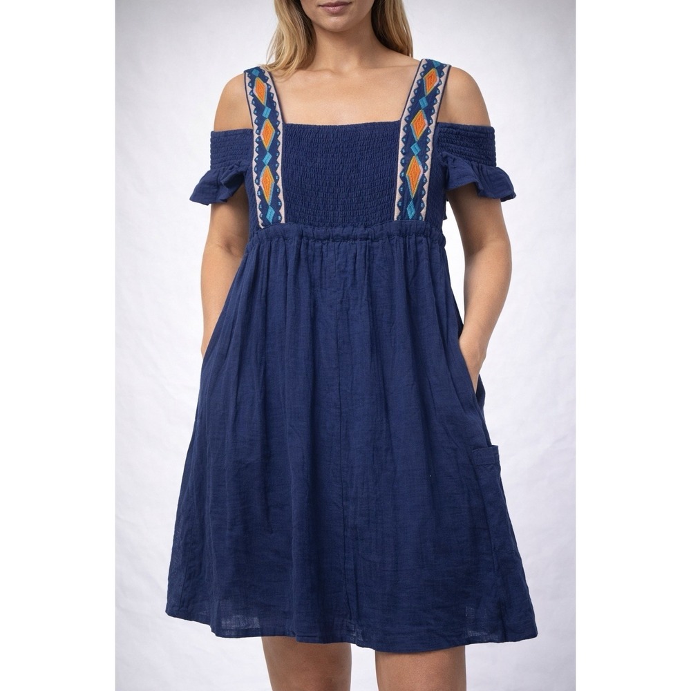 Sand And Spirit Dress Off Shoulder Aztec Embroidered Tassel Overall Look M Blue